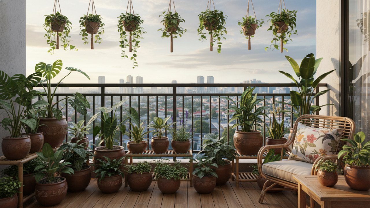Kebun santai di balkon rumah di apartemen perkotaan dengan ruang terbatas