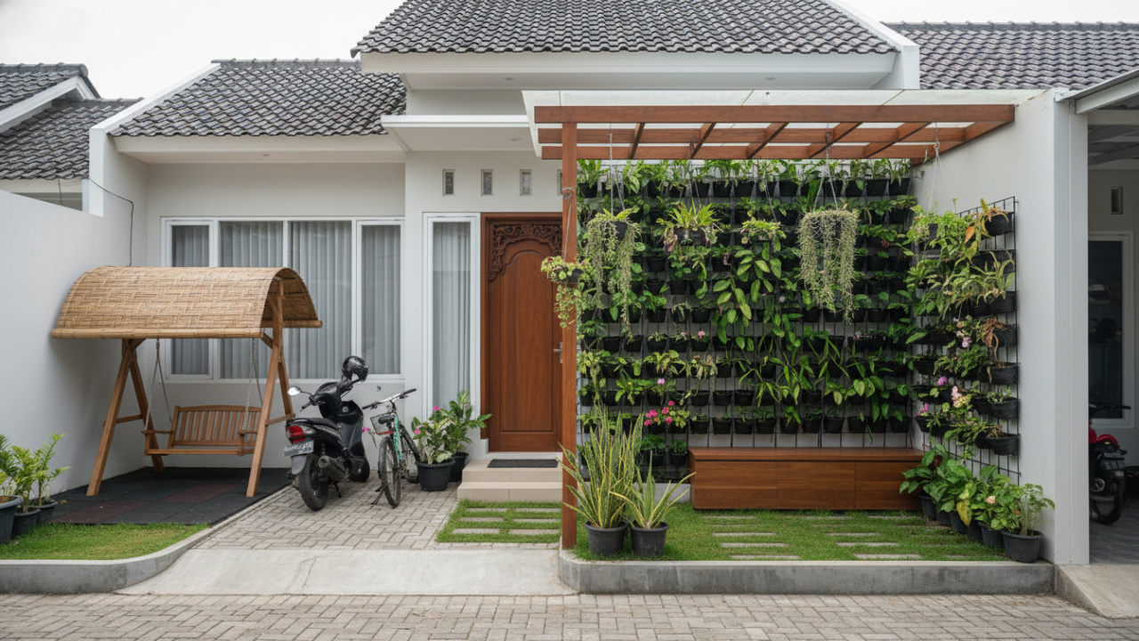 Halaman rumah minimalis dengan desain fungsional, Kebun vertikal dan gantung tanaman hias, dan ruang bermain anak