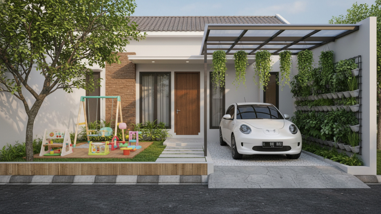 Halaman dengan ruang bermain anak dan kebun tanaman vertikal, juga tanaman gantung