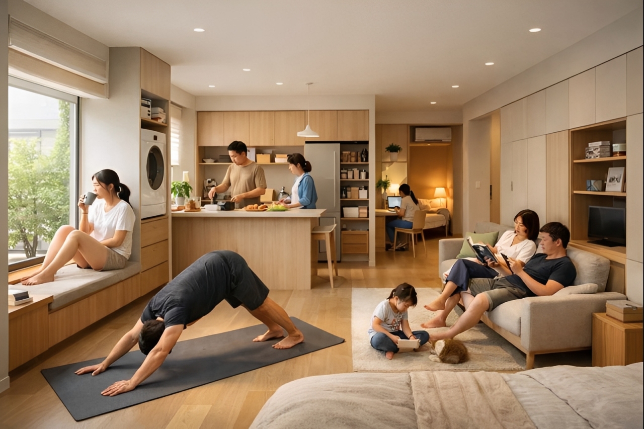 Interior rumah minimalis dengan konsep open space yang mendukung berbagai aktivitas keluarga, dari memasak, bekerja, berolahraga, hingga bersantai, dalam tata ruang yang rapi dan nyaman.