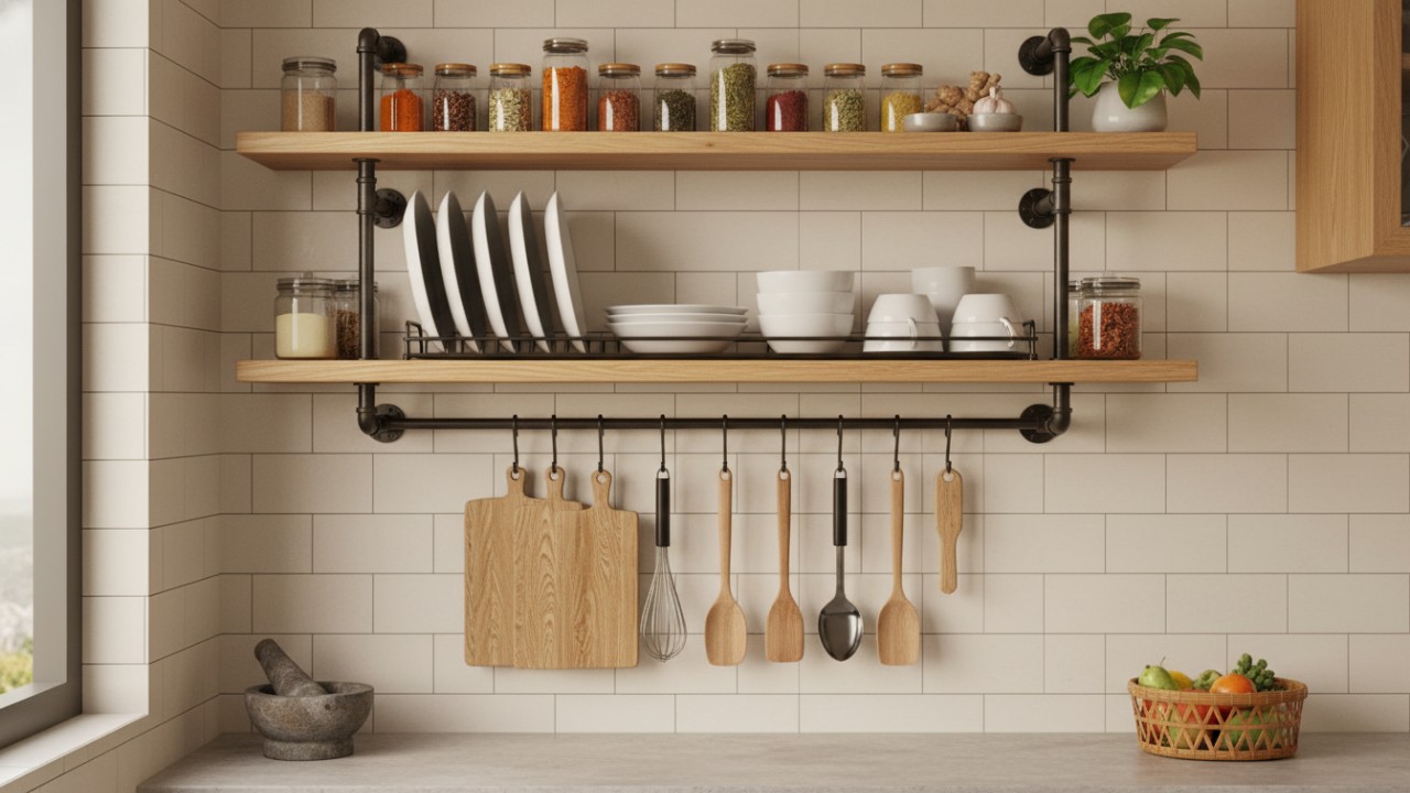 Rak bumbu dan rak piring sering jadi penentu dapur terlihat berantakan atau tertata. Model seperti Xavier Home Decor Clara menawarkan rak dinding multifungsi dengan kombinasi kayu dan pipa besi, tampi