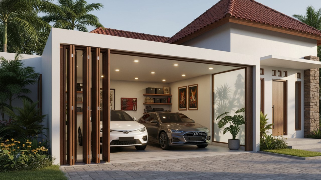 Garasi mobil minimalis modern dengan pintu hemat ruang dan penataan rapi yang menyatu dengan desain rumah