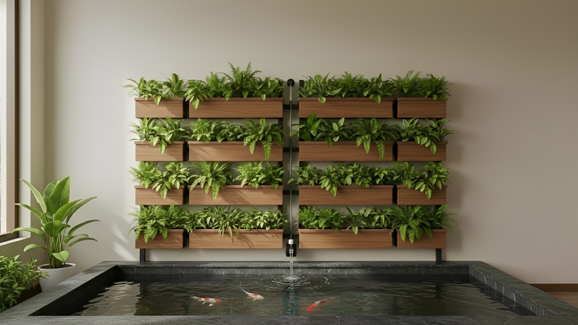 Kolam ikan akuaponik minimalis desain kebun vertikal.