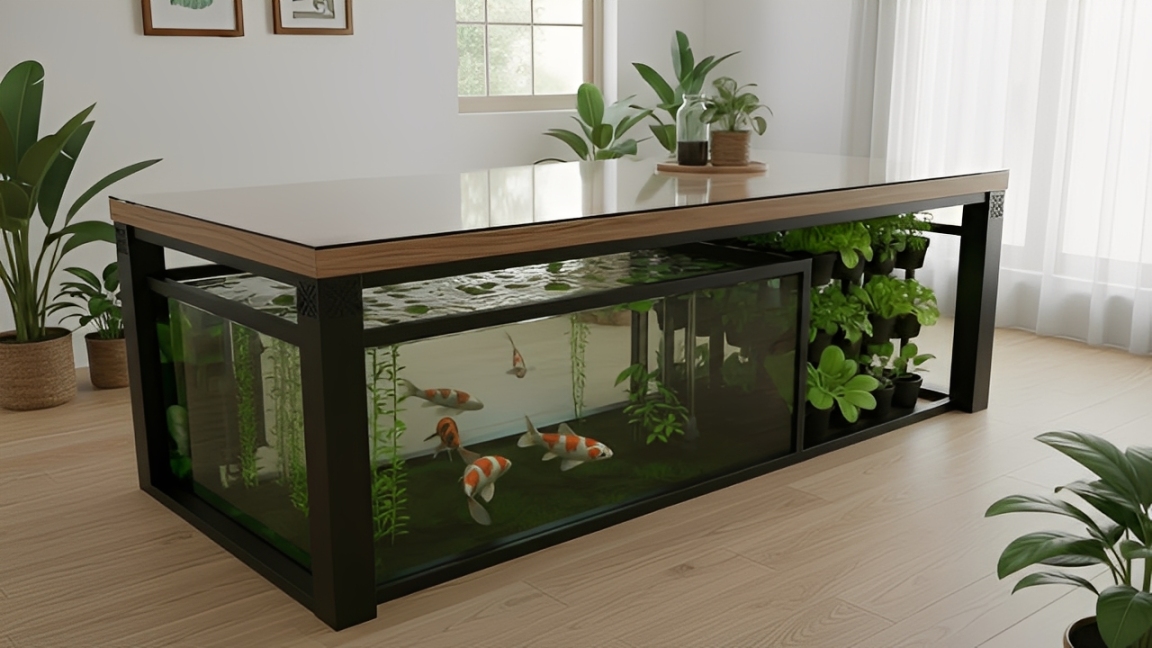 Kolam ikan akuaponik minimalis desain tersembunyi di bawah meja.