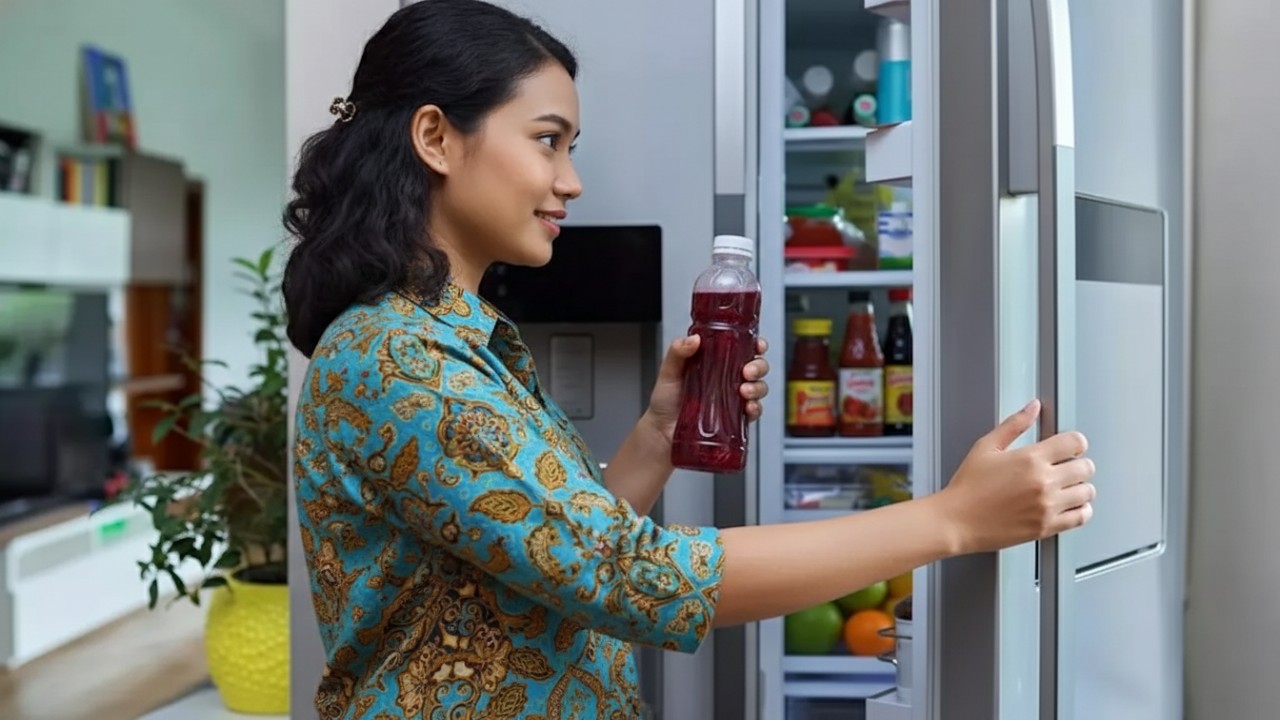 Kulkas modern di dapur rumah dengan penyimpanan rapi, mendukung kesegaran makanan dan aktivitas harian.