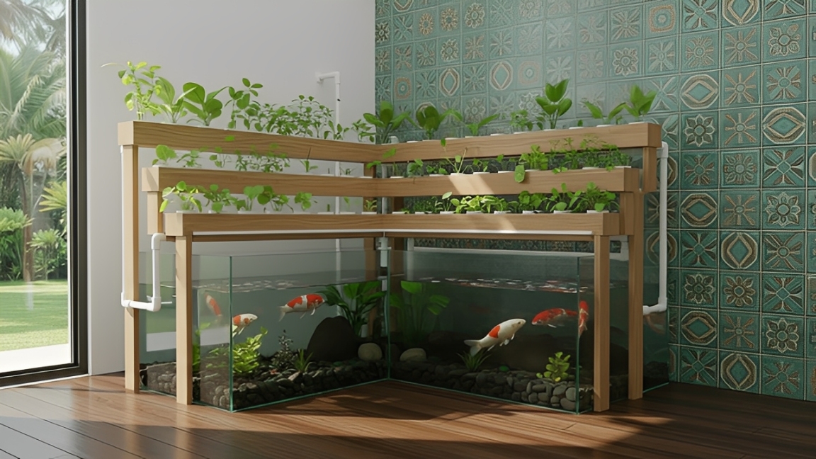 Kolam ikan akuaponik minimalis desain  rakit tanaman bertingkat.