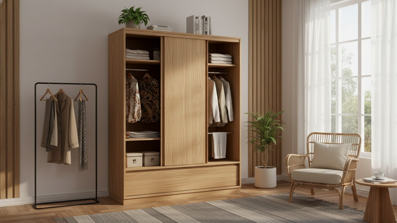 Lemari pakaian minimalis dengan pintu geser yang ideal untuk ruangan kecil, memberi kesan lebih luas dan rapi.