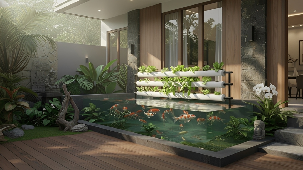 Kolam ikan akuaponik minimalis kombinasi dengan taman mini.