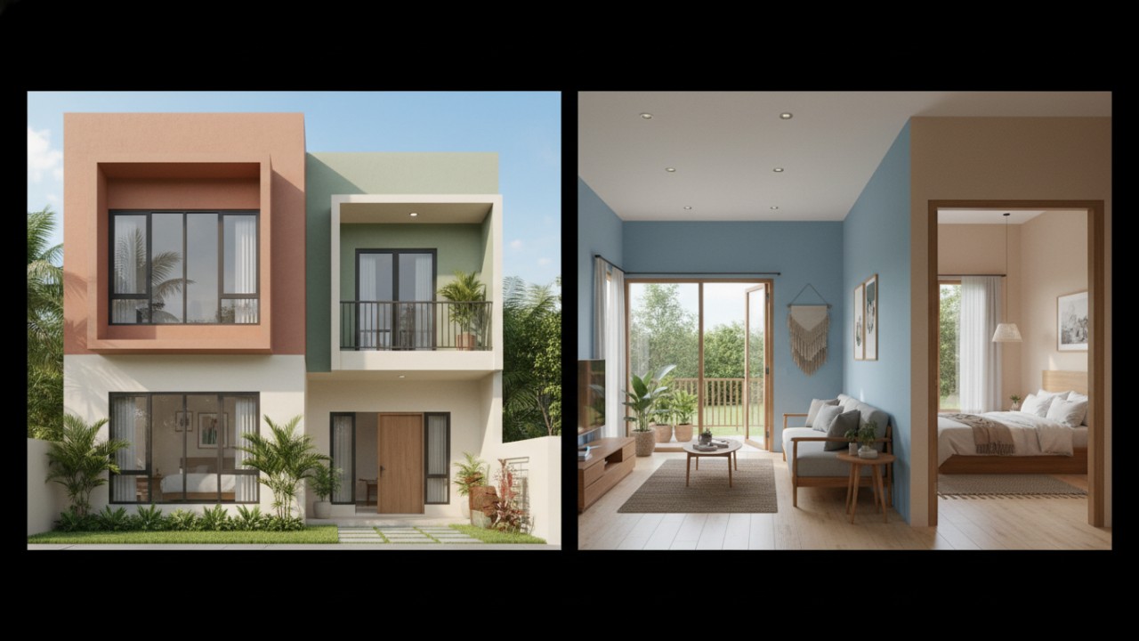 Ilustrasi rumah minimalis dengan pilihan warna cat lembut yang memberi kesan nyaman dan tenang.