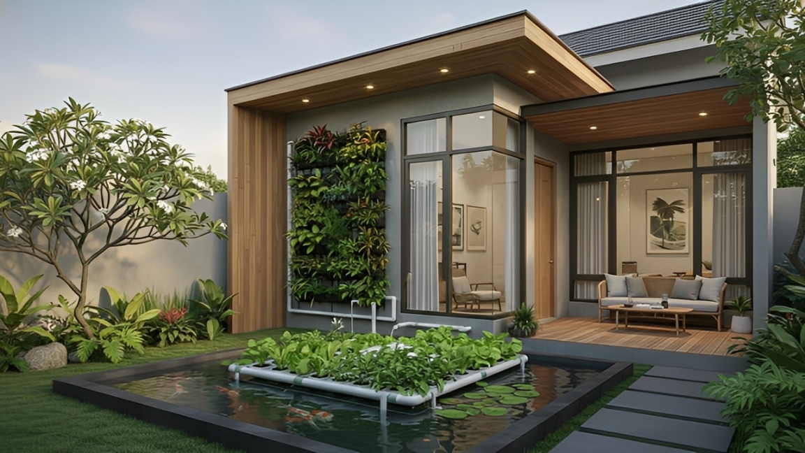Kolam ikan akuaponik minimalis dengan kebun vertikal dan taman mini yang menyatu dengan rumah modern.