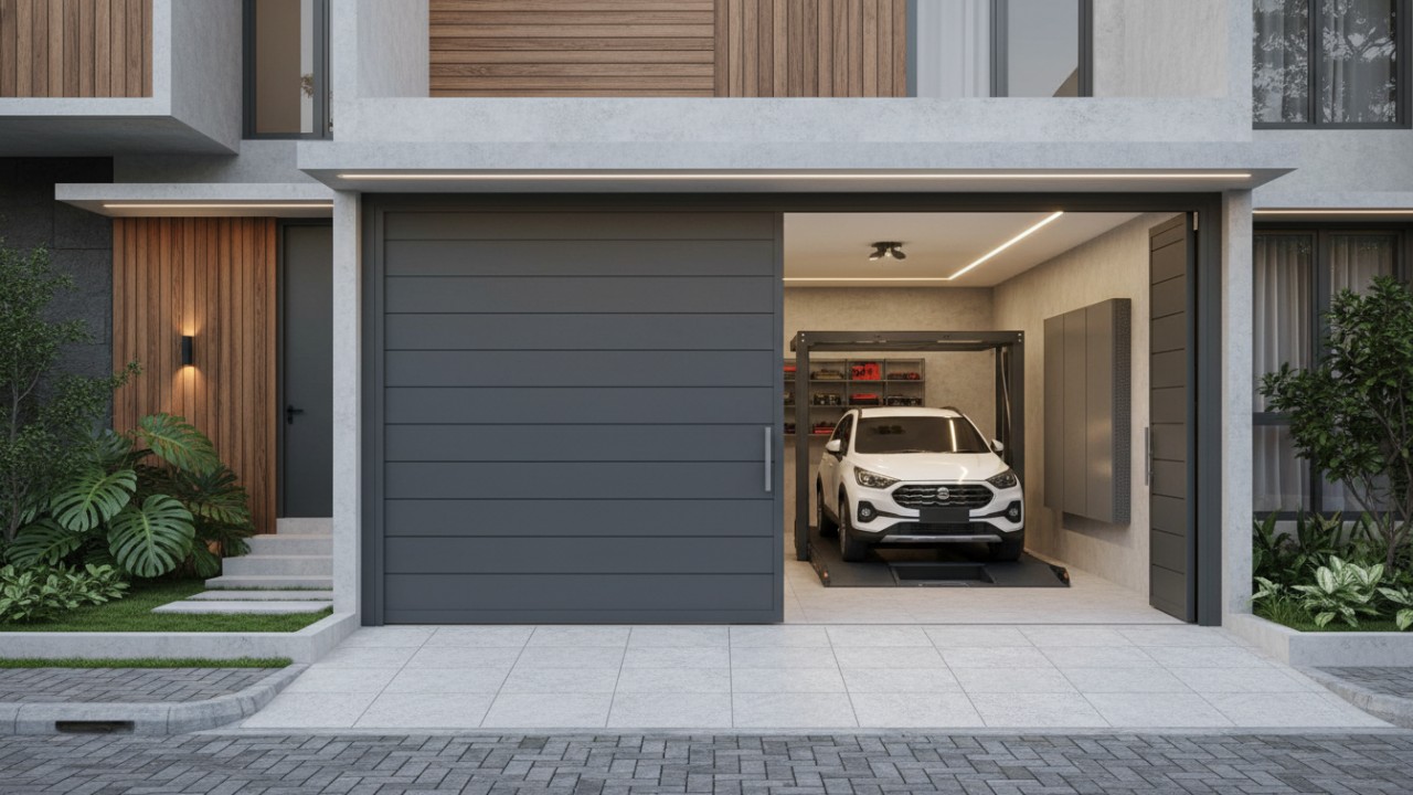 Garasi rumah minimalis dengan desain ringkas dan fungsional, memanfaatkan ruang terbatas secara optimal.