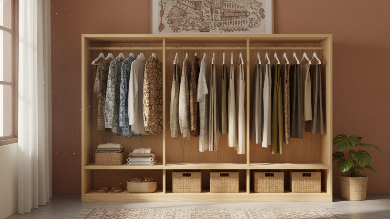 Ilustrasi wardrobe modern dengan gantungan baju minimalis yang rapi dan efisien, bikin ruang terlihat lebih tertata.