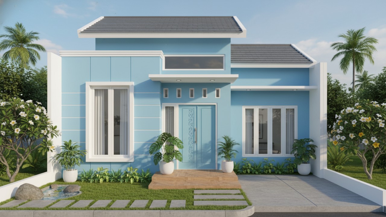 cat tembok rumah warna biru muda pada rumah minimalis