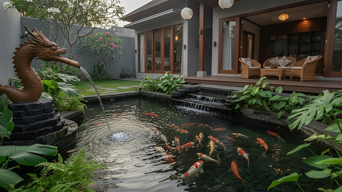 Kolam ikan minimalis feng shui dengan aliran air aktif di rumah modern sebagai simbol energi dan keseimbangan.