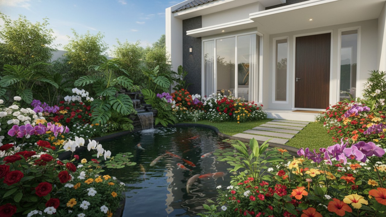 Taman warna-warni di depan rumah minimalis
