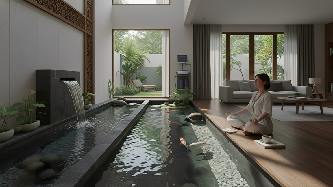 Kolam ikan di rumah modern tak hanya estetis, tapi juga fungsional. Desain minimalis dengan aliran air lembut dan cahaya alami menciptakan ruang tenang untuk relaksasi dan keseimbangan hidup.