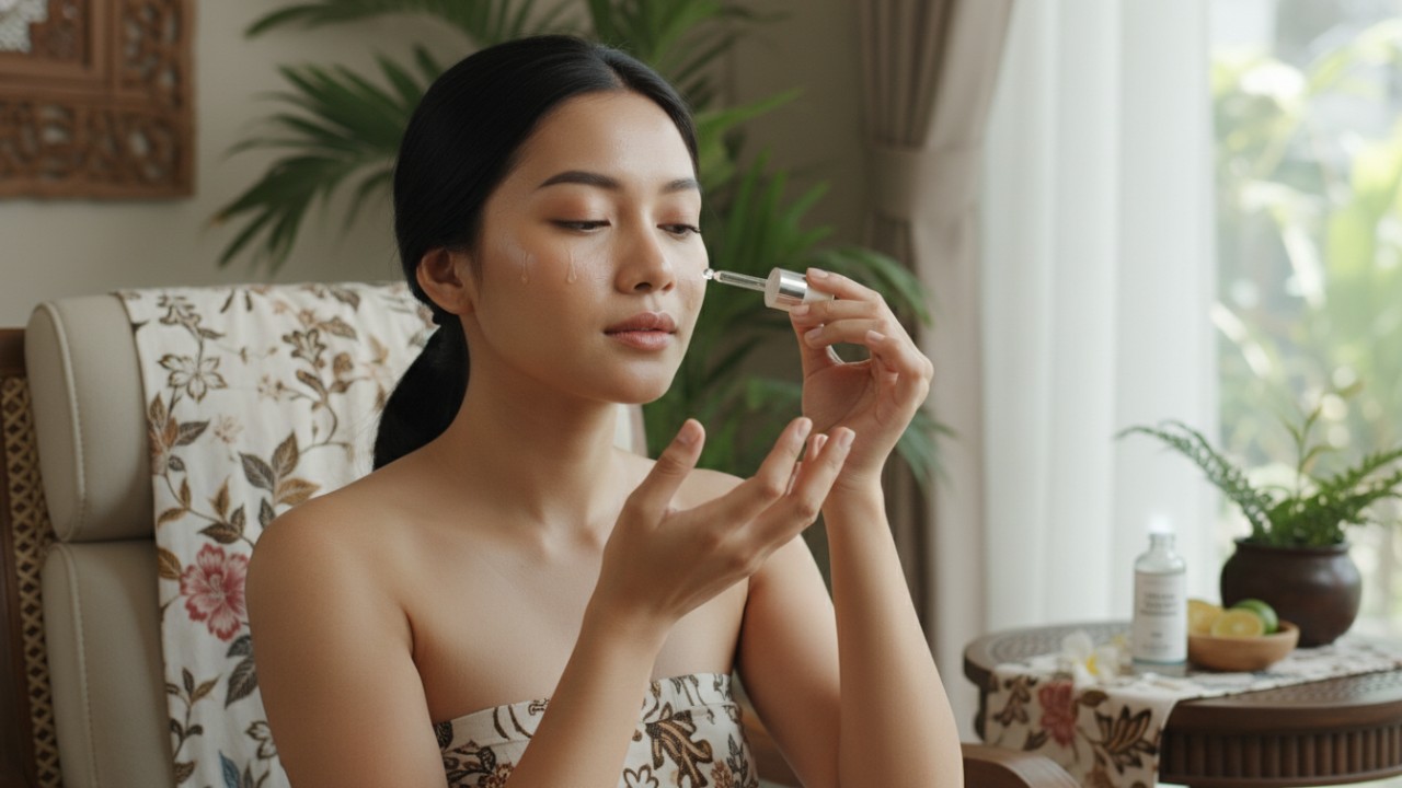 Ilustrasi wanita menggunakan serum vitamin C untuk mencerahkan wajah kusam dan mendapatkan kulit sehat dan glowing.