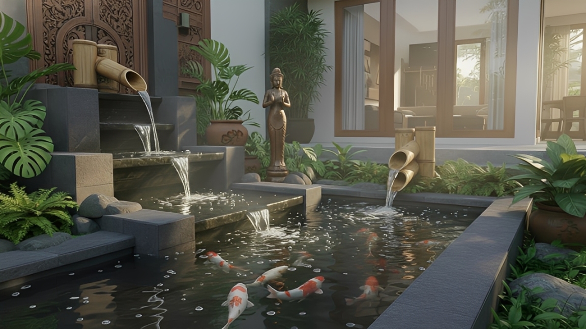 Kolam ikan beraliran aktif menghadirkan energi hidup. Desain alami dan air mengalir menjadikannya simbol keseimbangan dan harmoni di rumah modern.