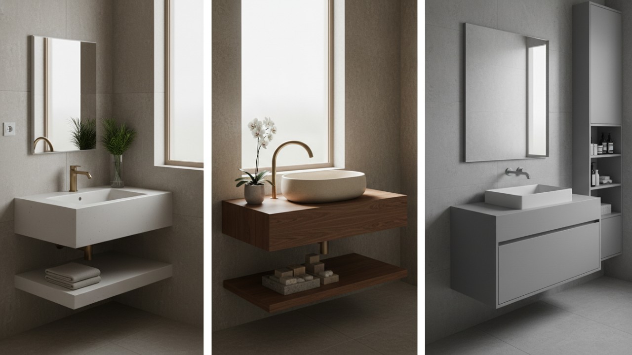 Washtafel minimalis modern dengan desain bersih dan material elegan sebagai focal point kamar mandi.