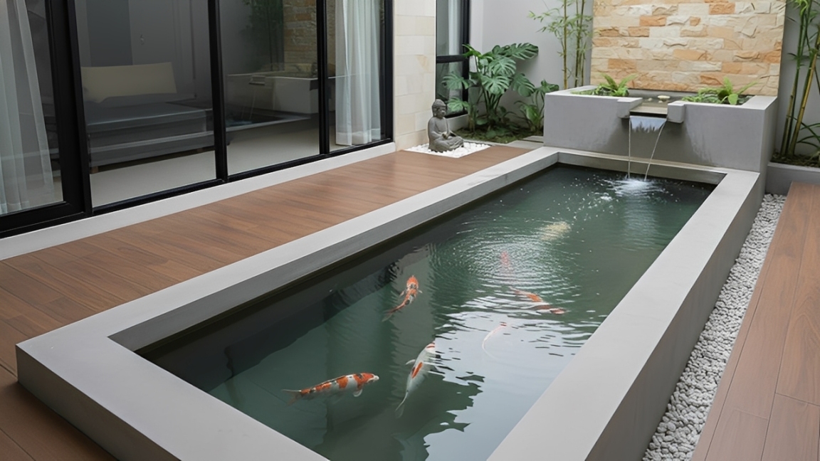 Kolam ikan minimalis feng shui berbentuk tegas dengan aliran air tenang menyatu dengan ruang rumah. Desain ramping dan bersih ini menjaga keseimbangan energi tanpa mengganggu aktivitas penghuni.