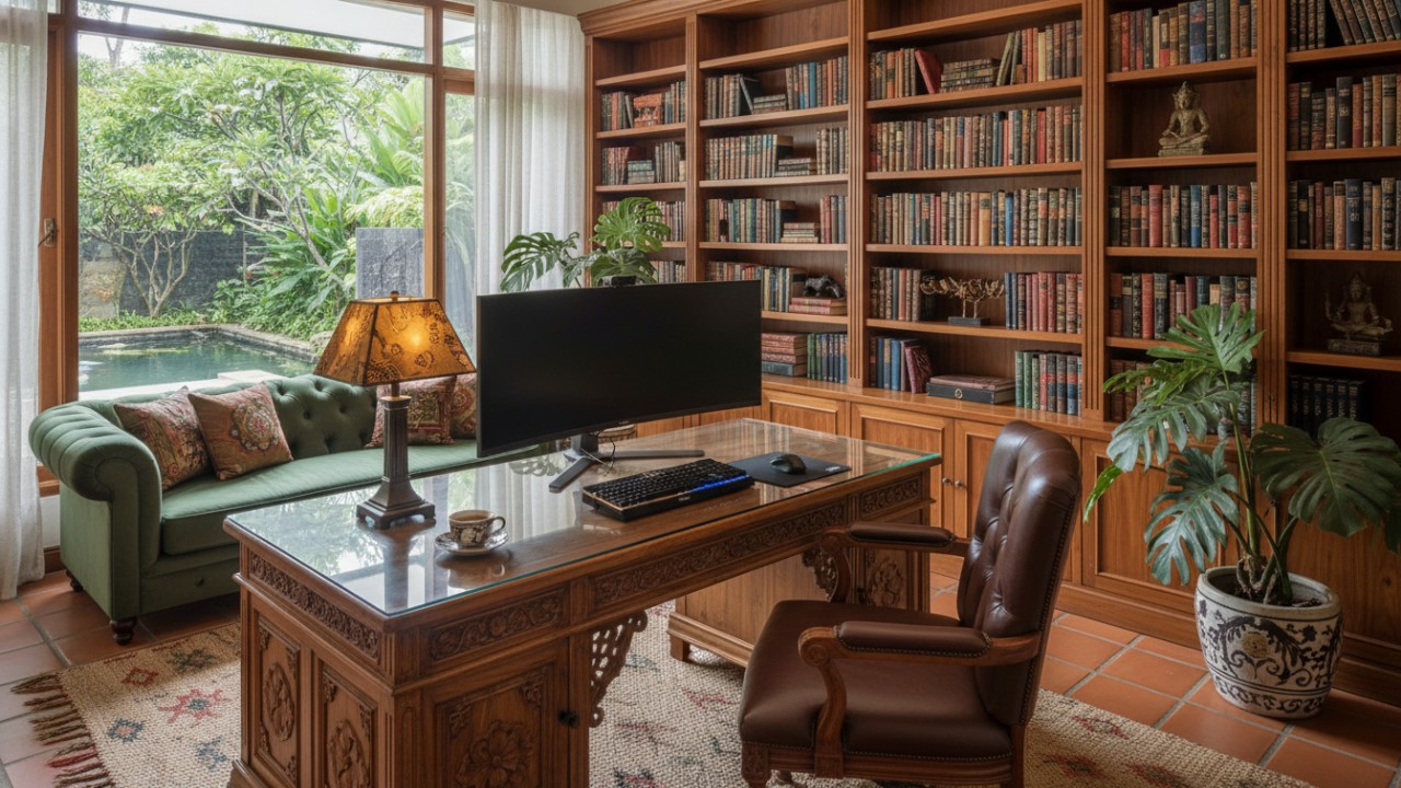 Ruang kerja di rumah dengan desain modern dan pencahayaan optimal yang mendukung fokus kerja.