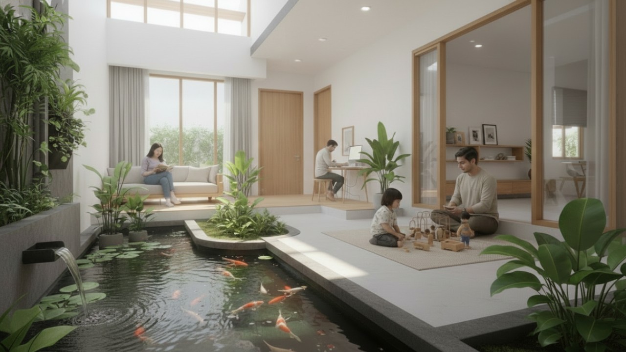 Kolam ikan mengalir yang menyatu dengan ruang keluarga mendukung aktivitas harian dan menjaga keseimbangan hunian modern.