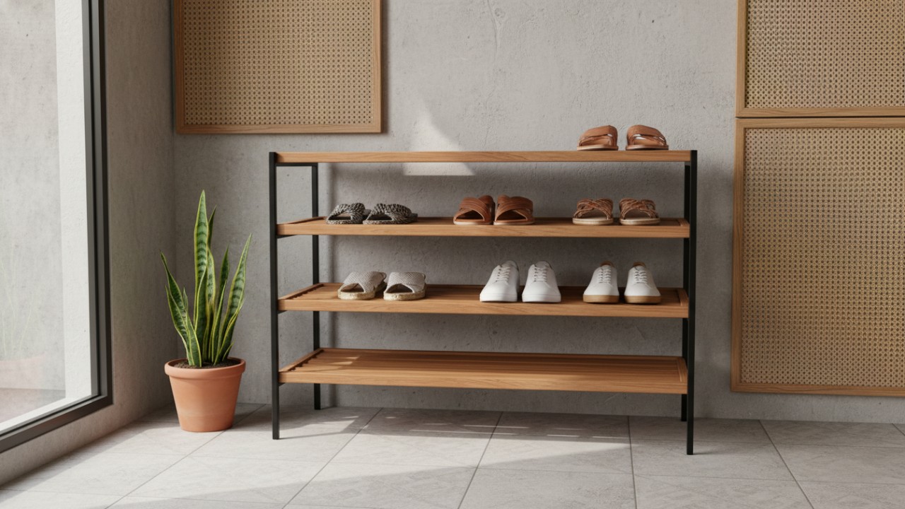 Rak sepatu minimalis modern dengan desain ramping yang menjaga hunian tetap rapi dan nyaman.