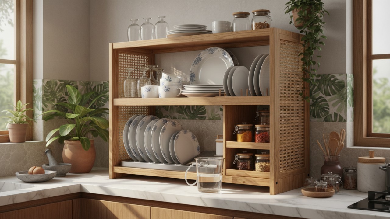Rak piring minimalis dengan sistem pembuangan air yang menjaga dapur tetap rapi dan bersih.