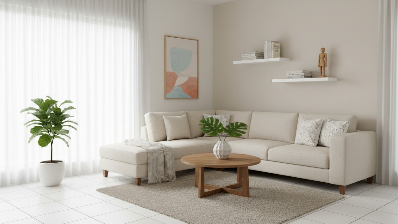 Ruang tamu minimalis 3&times;4,5 meter bernuansa putih dan krem dengan sofa elegan, aksen kayu, dan cahaya alami yang menenangkan.