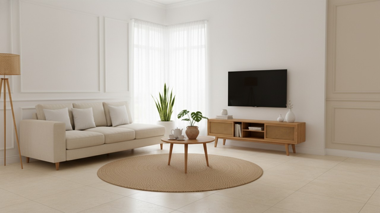 Sofa putih dengan tambahan furnitur kayu memberi kesan alami