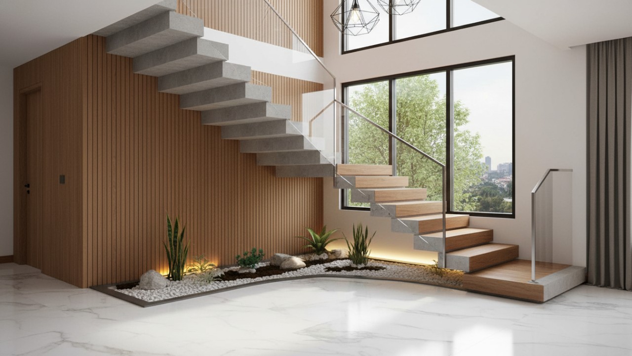Desain tangga minimalis modern dengan beton dan floating stairs yang memberi kesan bersih dan kekinian.