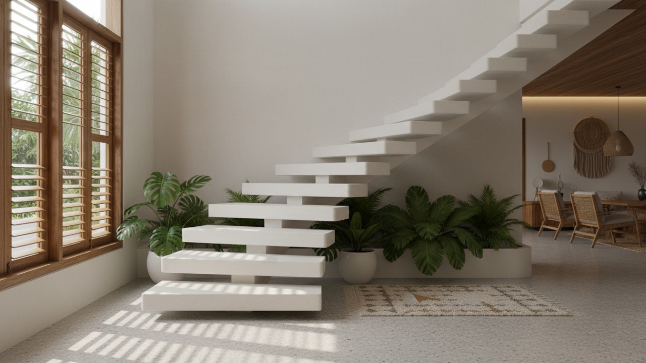 Floating white stairs adalah versi lebih halus dari tangga mengambang