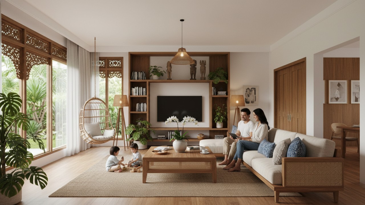 Ruang keluarga minimalis dengan pencahayaan alami dan furnitur fungsional yang menghadirkan suasana hangat.