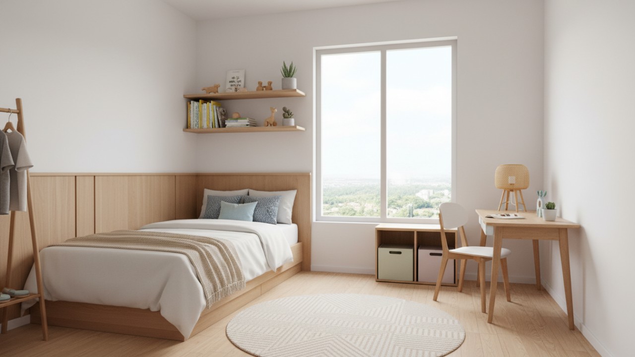 Tampilan kamar anak minimalis dengan kasur rendah, warna lembut, dan furnitur fungsional yang terasa lapang.