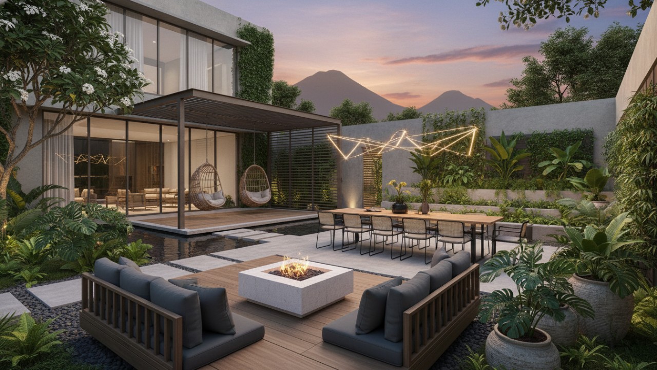 Taman belakang rumah asri dengan sofa santai dan area hijau yang mendukung suasana berkumpul keluarga.