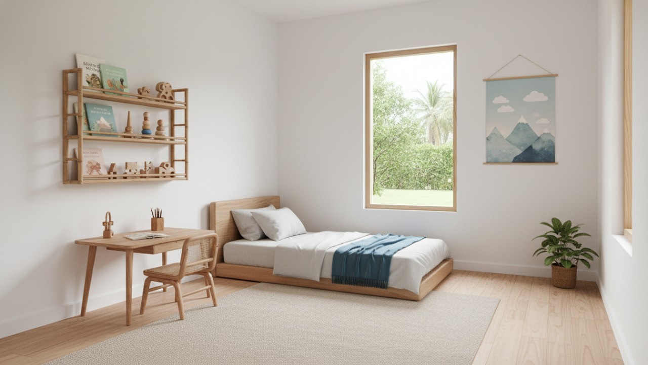 Desain kamar anak minimalis mengutamakan ruang gerak yang lega.
