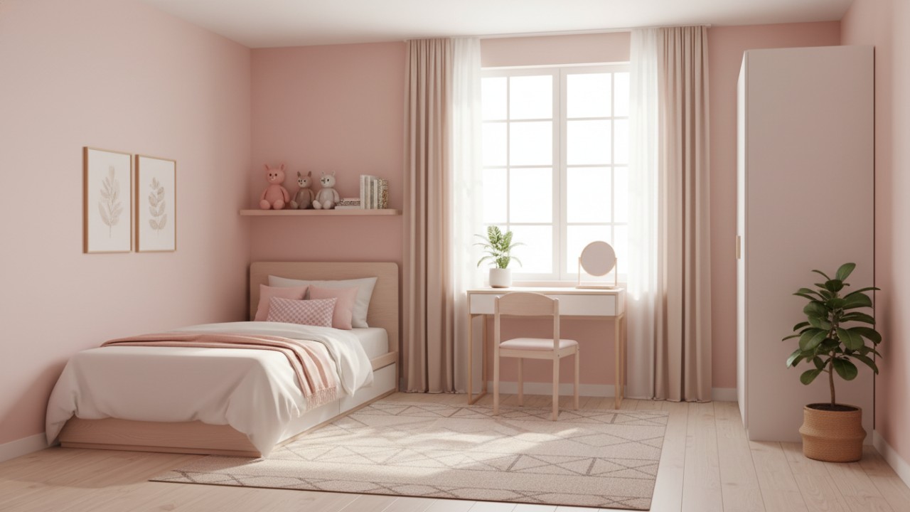 Kamar anak perempuan minimalis ukuran kecil tetap bisa terasa lega dengan pengaturan proporsi furnitur yang tepat