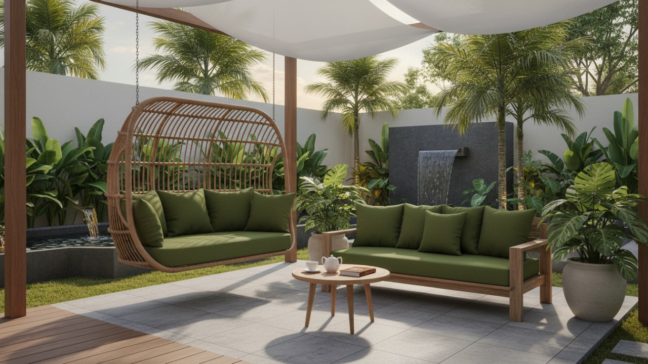 desain taman dengan sofa ayunan.