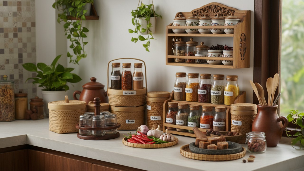 Tempat bumbu dapur tertata rapi dengan rak dan wadah fungsional yang memudahkan aktivitas memasak.