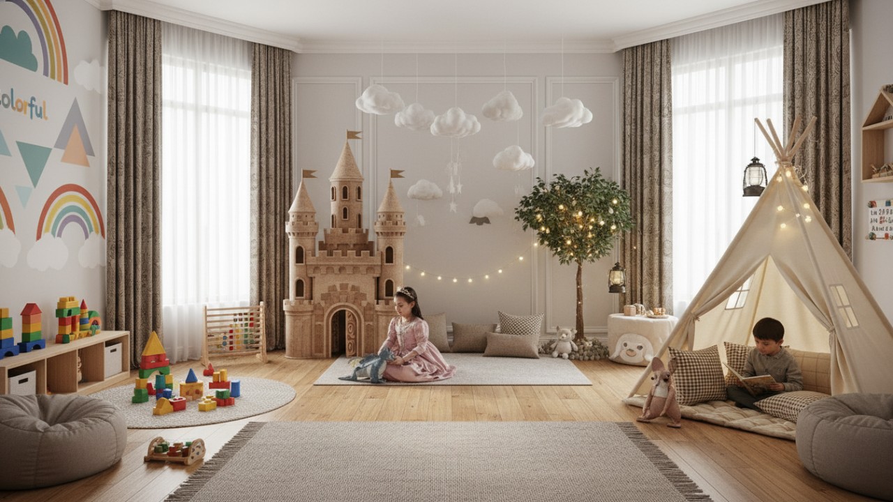 Ruang bermain anak dengan warna cerah dan tema kreatif yang menghadirkan suasana ceria di rumah.