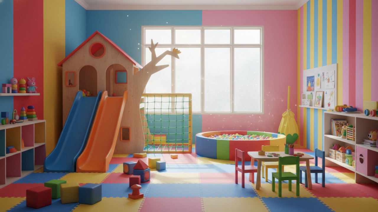 Desain ruang bermain anak yang colorful menekankan suasana playful agar anak tidak cepat bosan.