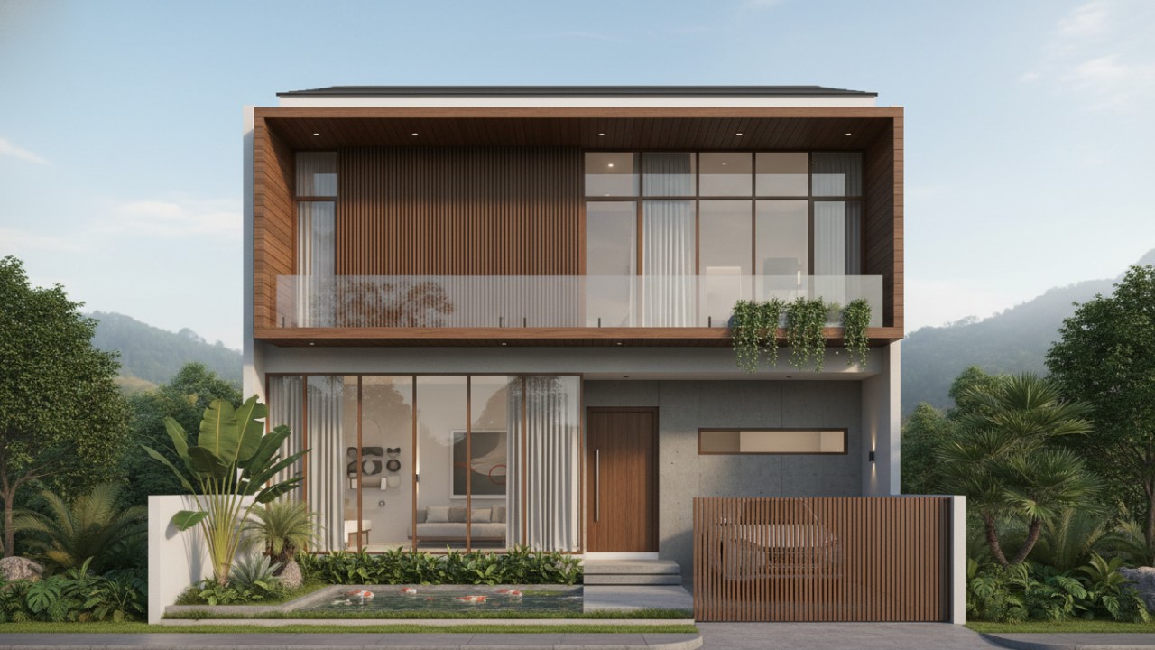 Tampilan fasad rumah 2 lantai minimalis modern dengan garis tegas, warna netral, dan sentuhan tropis yang menenangkan.