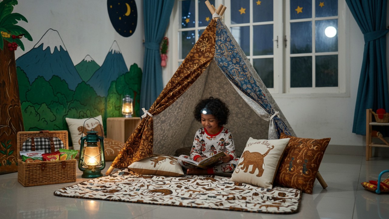 Konsep perkemahan menawarkan pengalaman berbeda di dalam rumah. Ruang bermain dibuat dengan tenda kecil dari kain atau selimut yang ditopang kayu sederhana.