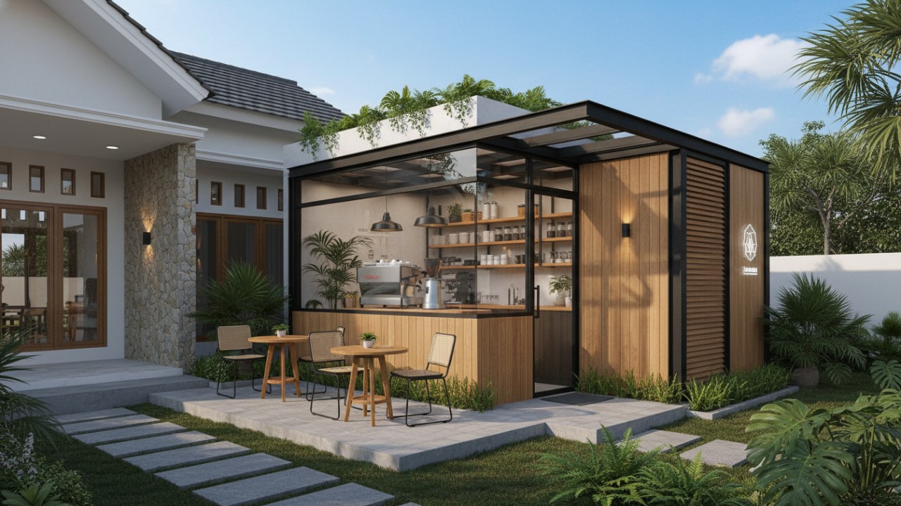 Desain cafe mini depan rumah bergaya Scandinavian dengan furniture kayu dan tanaman hijau yang memberi kesan cozy.