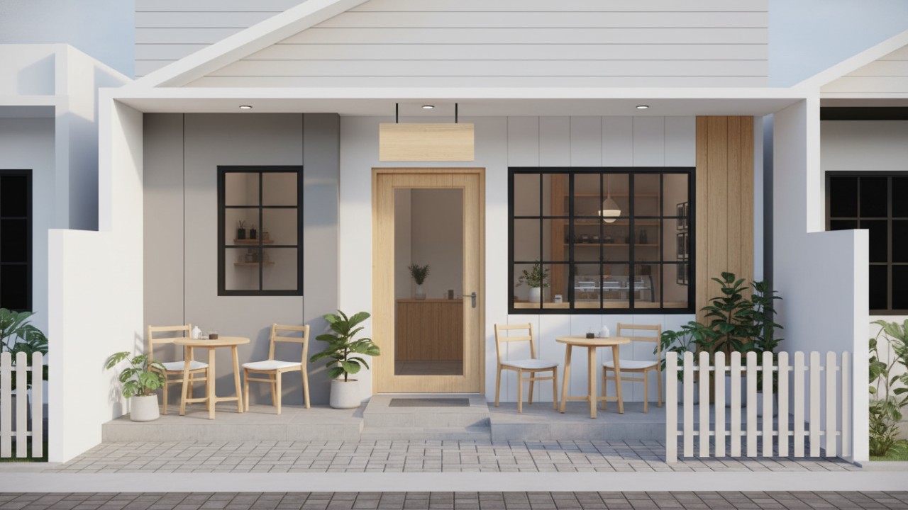 Desain cafe mini depan rumah bergaya Scandinavian dikenal dengan tampilan simpel namun tetap elegan.