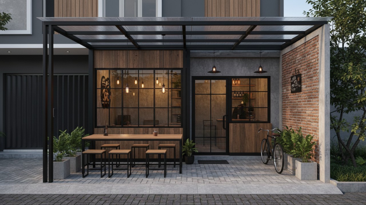 Desain cafe mini depan rumah bergaya industrial menonjolkan kesan modern dan kokoh.