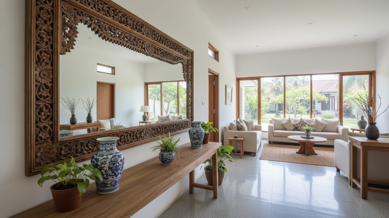 Cermin dinding interior memantulkan cahaya dan ruang, menciptakan kesan lapang serta estetika rumah yang rapi.