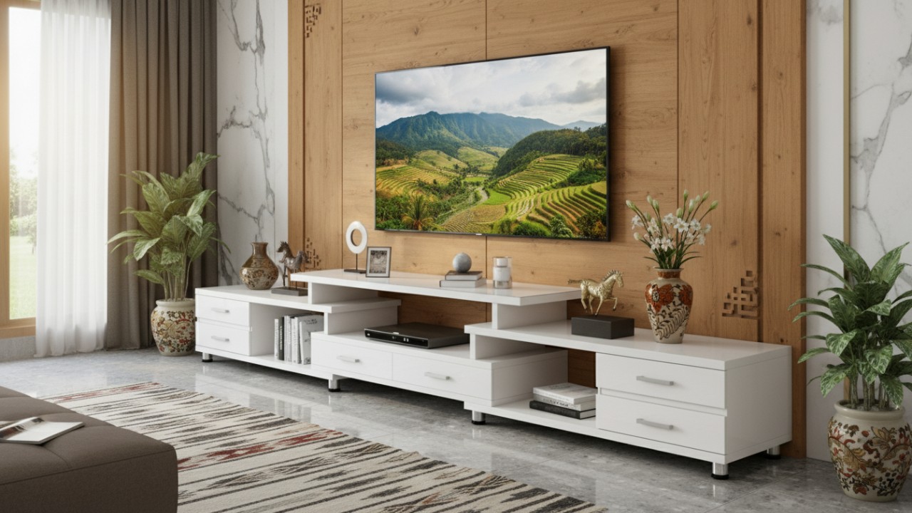 Tampilan meja TV minimalis modern dengan desain sederhana dan fungsional untuk ruang keluarga.