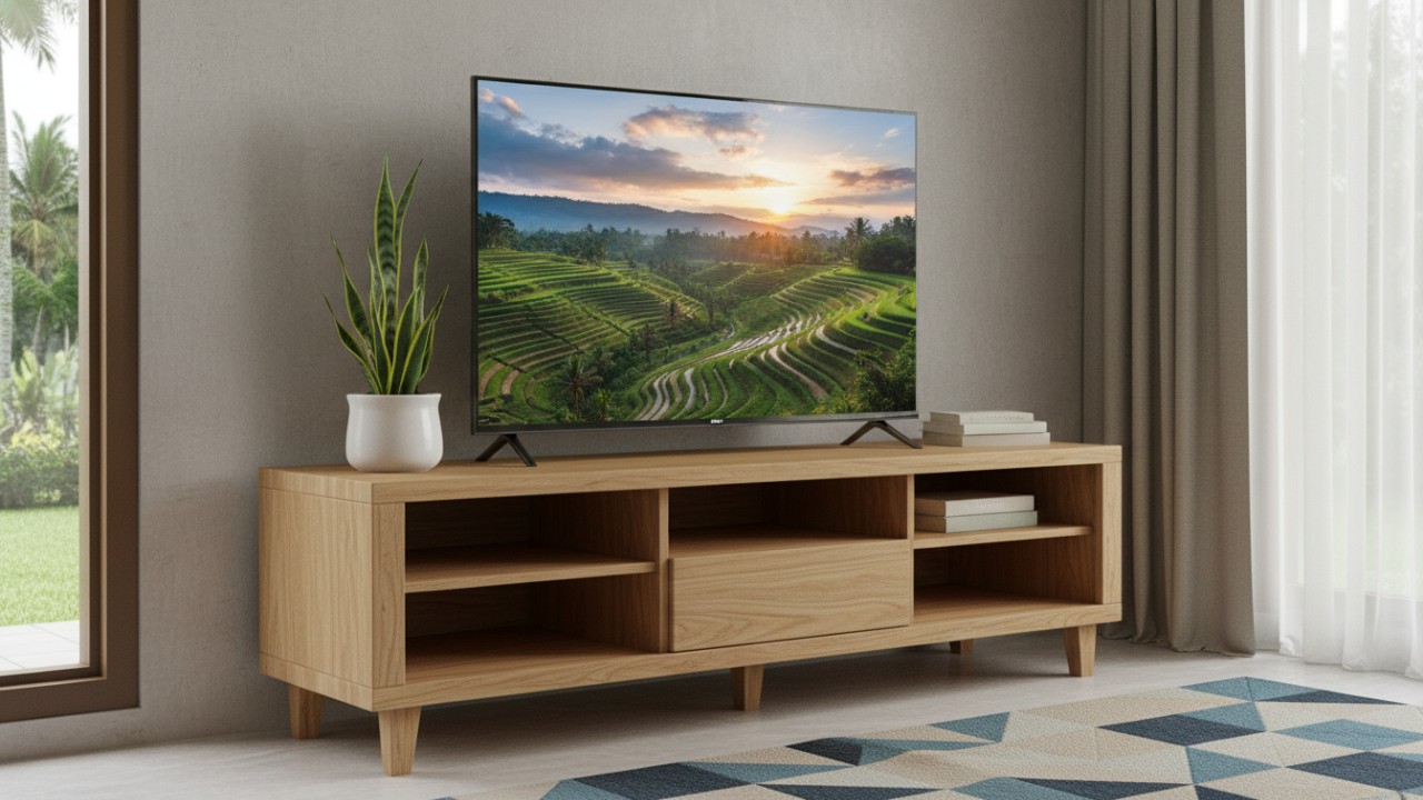 E-TIFE Meja TV Minimalis Modern 32 Inch mengusung pendekatan estetika yang simpel dan modern.