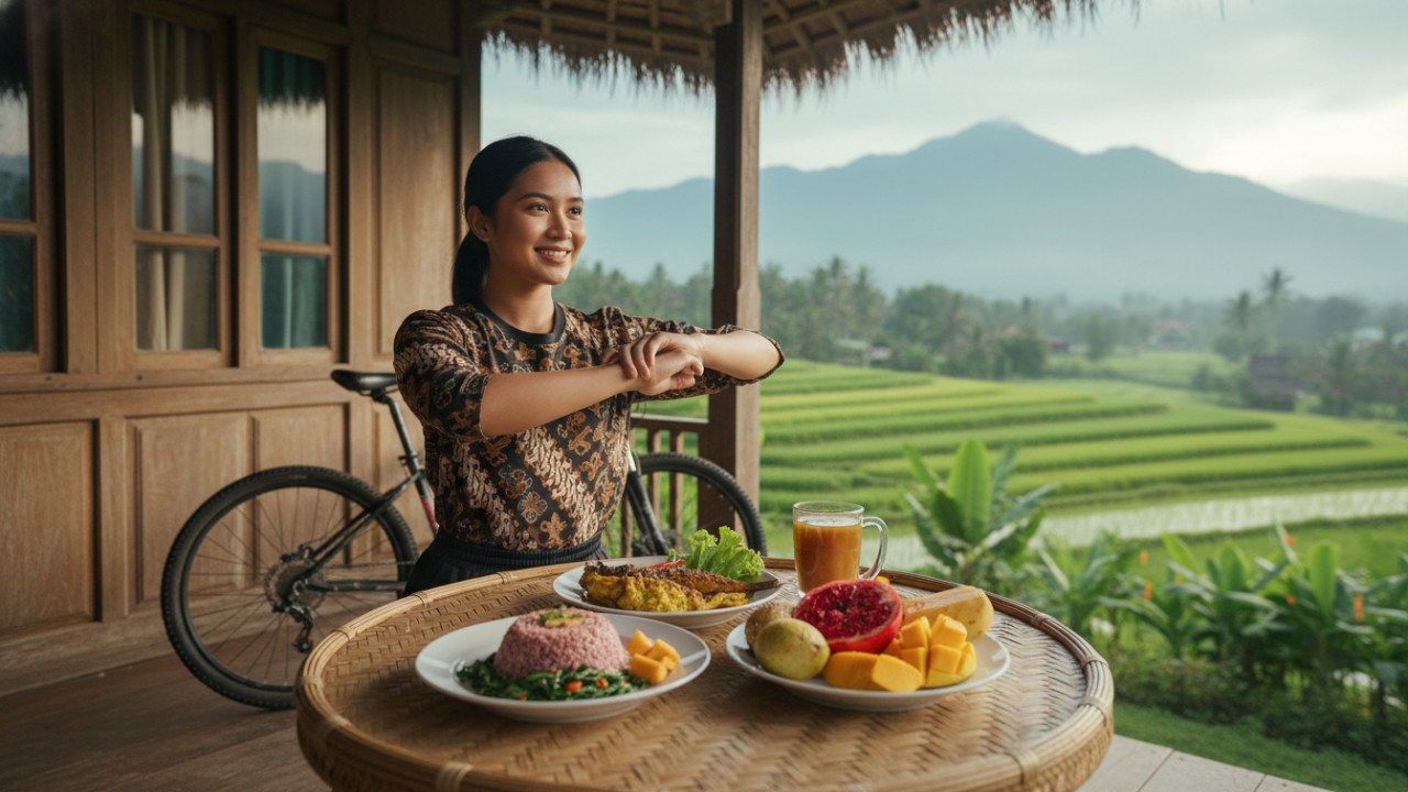 Ilustrasi gaya hidup diet sehat dengan pilihan makanan bergizi dan aktivitas fisik ringan yang mudah dilakukan.